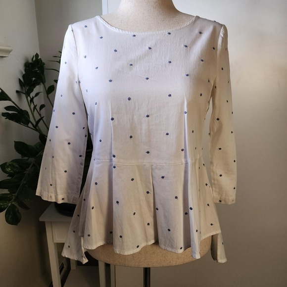 Tops - White & blue polka dots peplum blouse, flowy long button down back